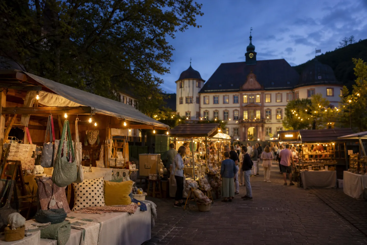Stimmungsbild eines beleuchteten Abendmarkts vor einem historischen Schloss