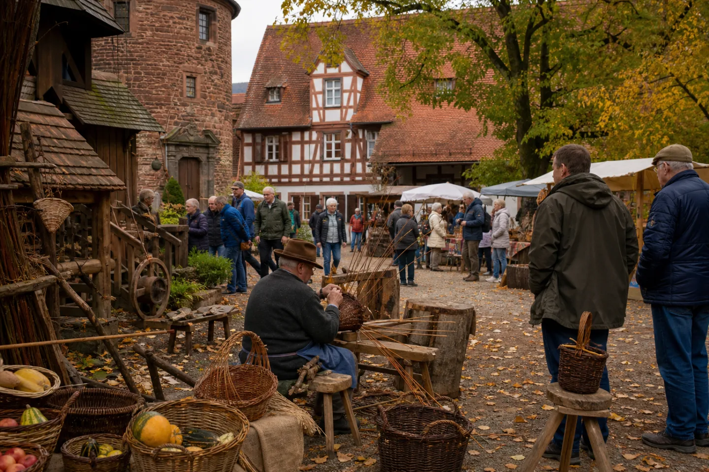 Stimmungsbild eines Korbflechters bei einem herbstlichen Handwerksmarkt