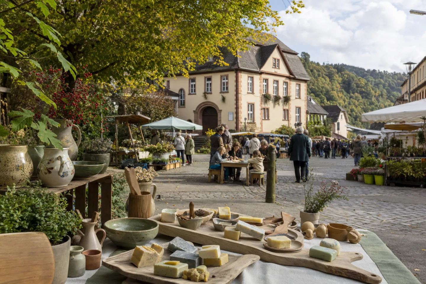 Stimmungsbild eines Naturpark-Markts mit Keramik, Naturseifen und Pflanzen