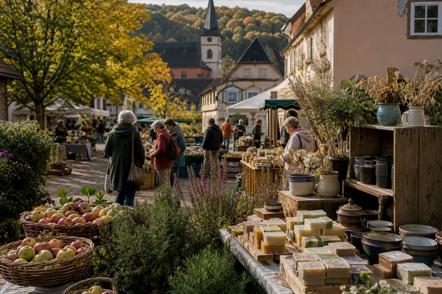 Stimmungsbild eines dörflichen Naturpark-Markts mit Kräutern, Seifen und Keramik