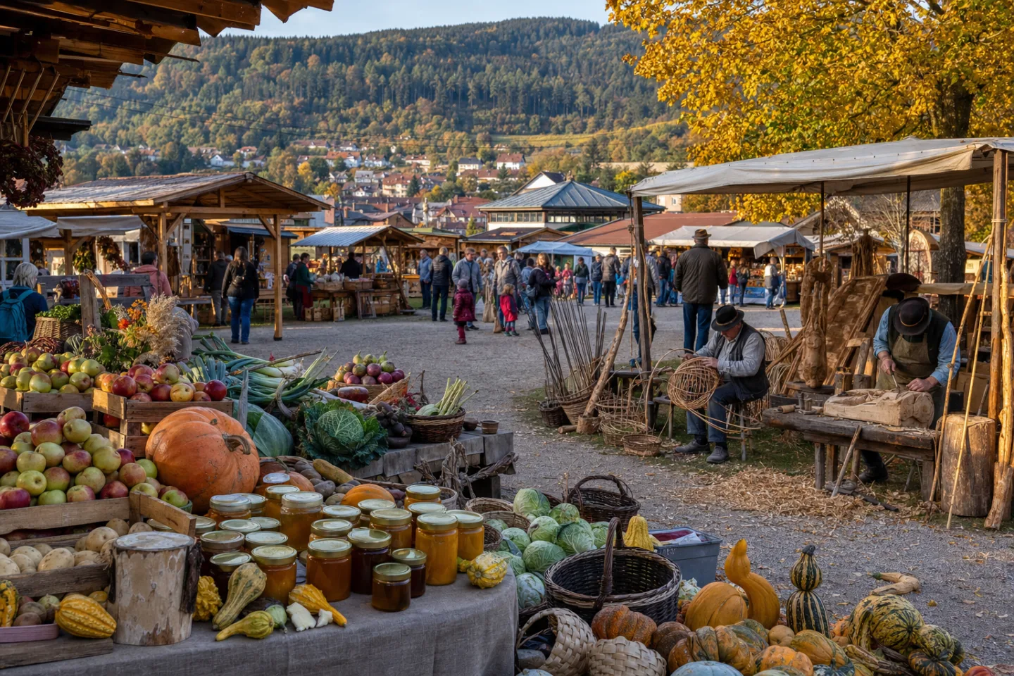 Stimmungsbild eines großen Odenwälder Bauernmarkts mit Ernteprodukten und Handwerk