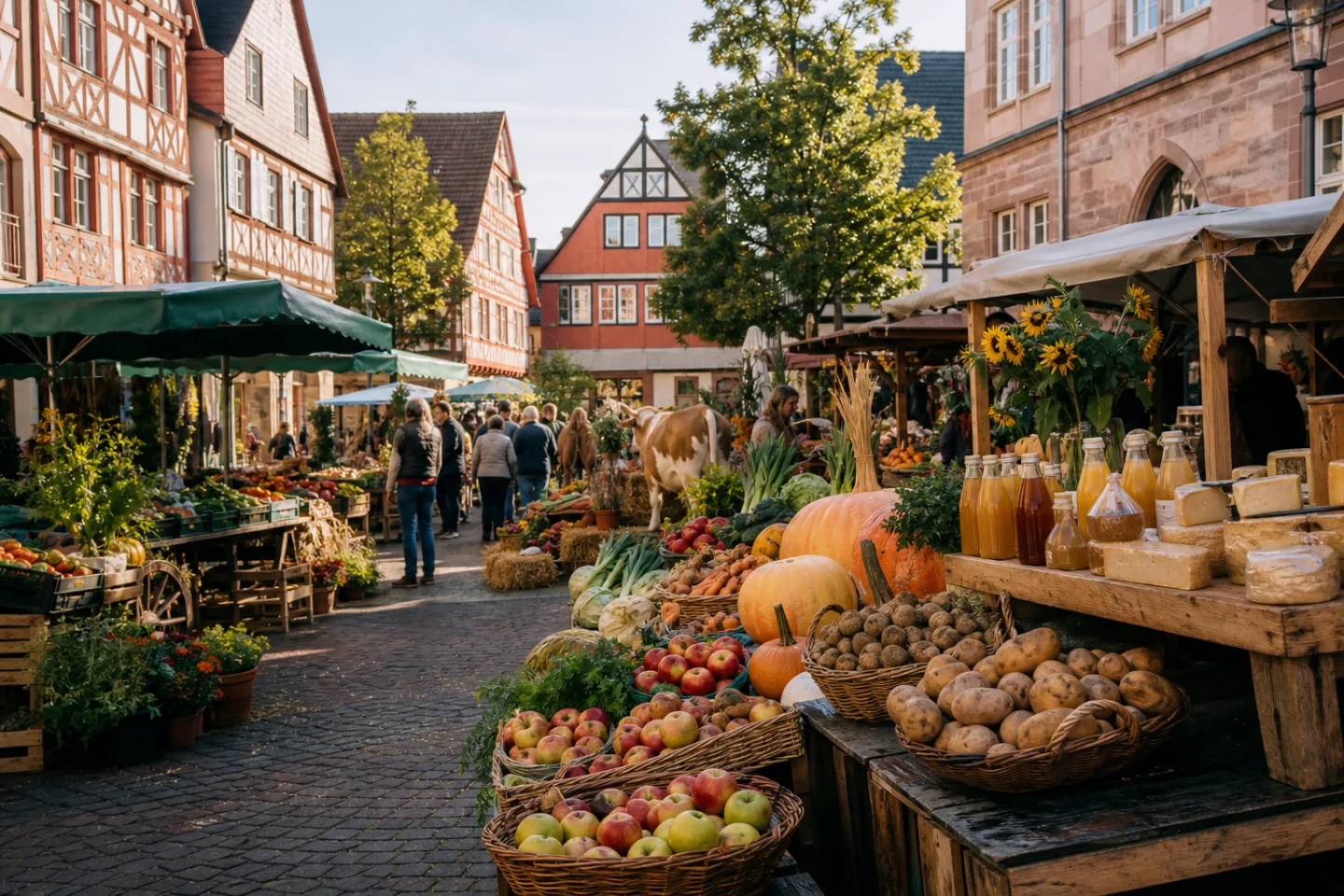 Stimmungsbild eines herbstlichen Bauernmarkts mit regionalem Obst und Gemüse