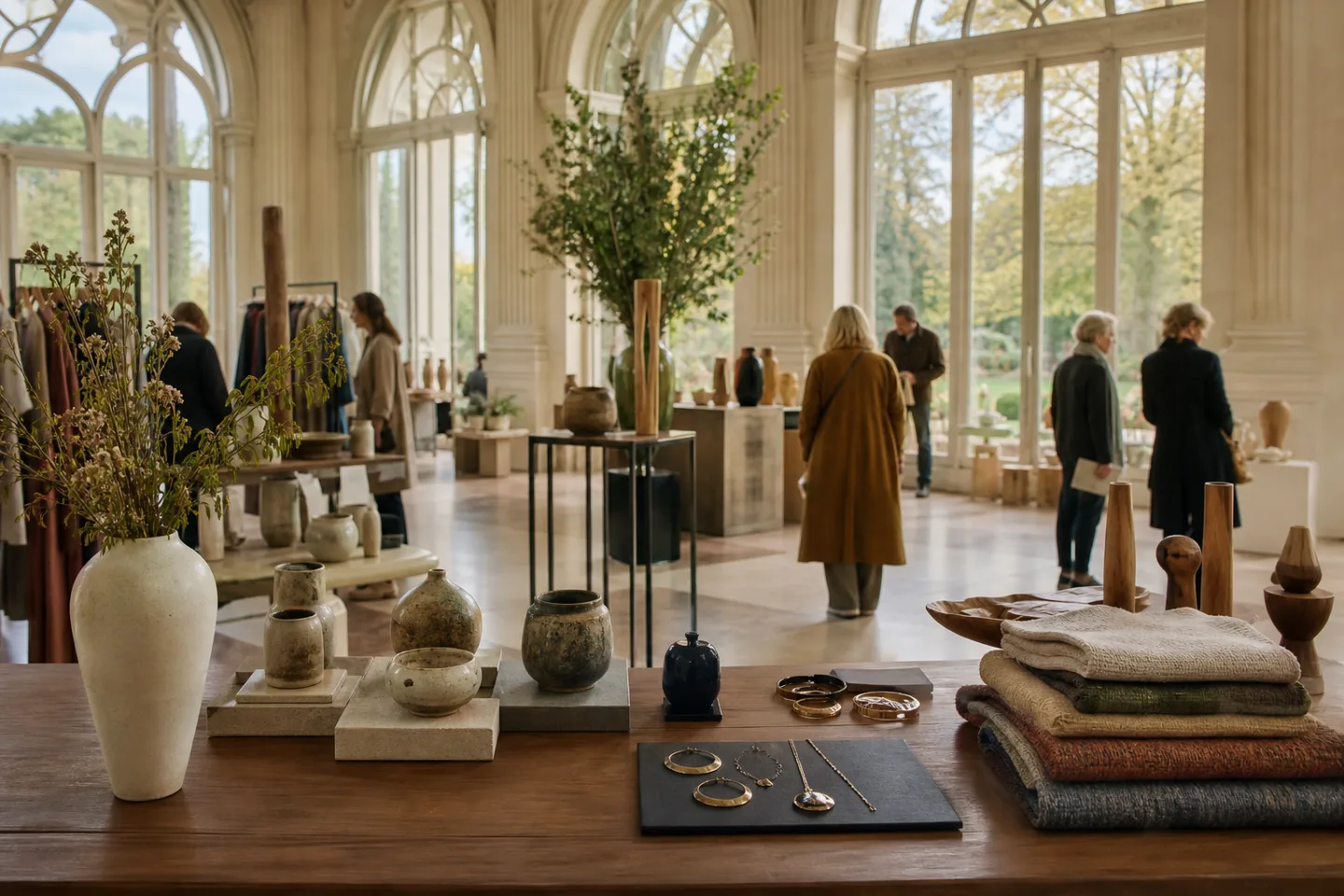 Stimmungsbild einer hochwertigen Kunsthandwerksausstellung in einer Orangerie